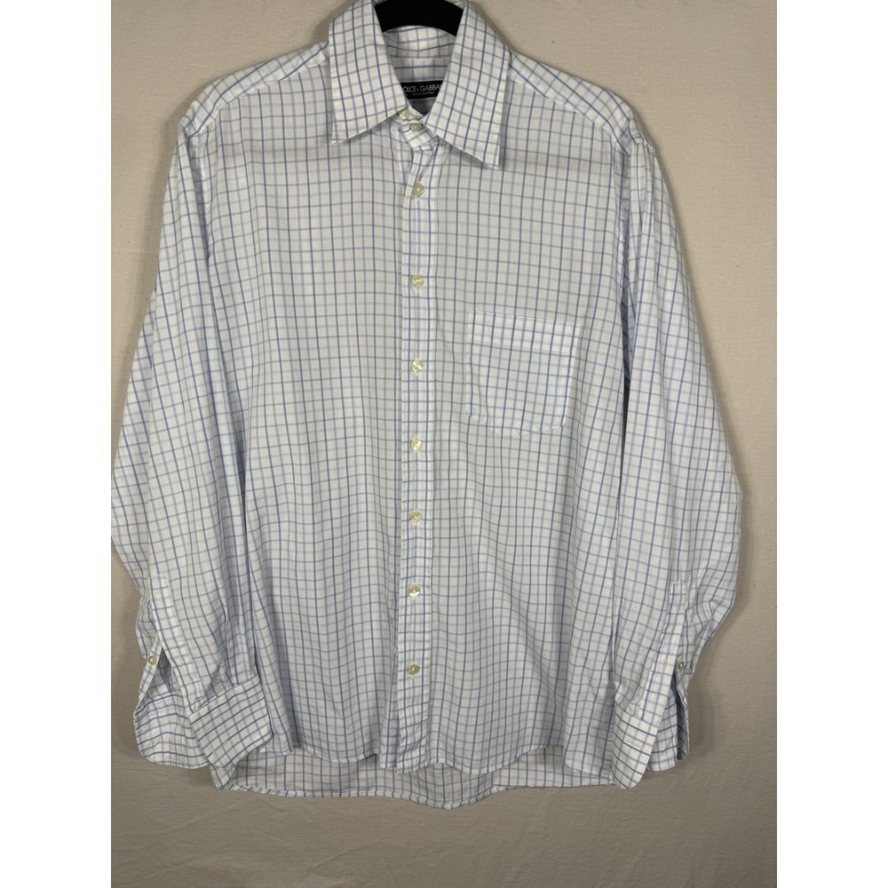 Dolce & Gabbana Mens Size Large White Blue Check Long Sleeve Button Down